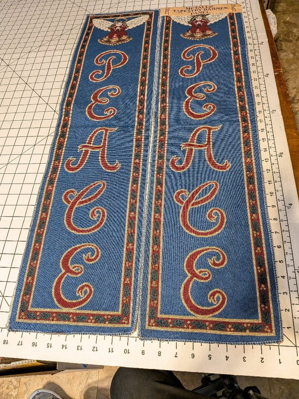 Vintage Metallic Woven Tapestry Banner Panels Pair Angels Peace Blue Christmas